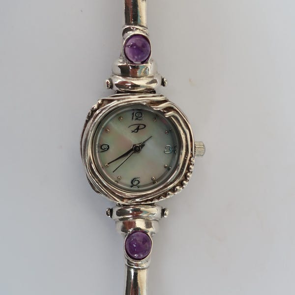 Gemstone silver modern dainty watch bracelet for her,  Unique watch gift