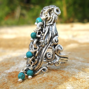 Handcrafted Sterling Silver Dangle Ring: Turquoise & Moonstone