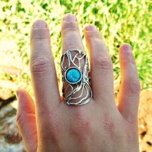 Long silver gemstone  mesh ring, Porans jewelry