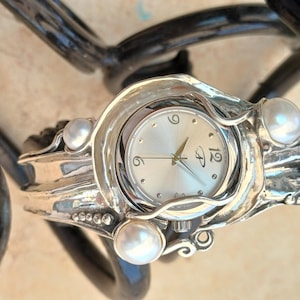 Sterling Silver Cuff Watch with White Pearls  Artisan Handmade Women's Statement Bracelet Watch