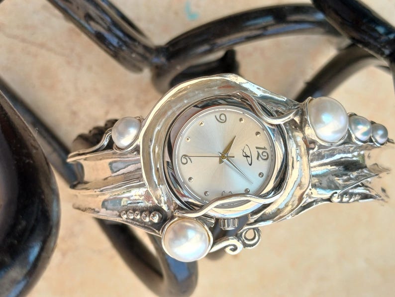 Sterling Silver Cuff Watch with White Pearls  Artisan Handmade Women's Statement Bracelet Watch