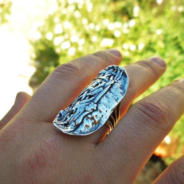 Sterling Silver Full Finger Ring, Unusual Statement Ring For Woman, Engraved Silver Boho Ring