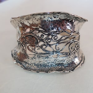 Sterling Silver Wide Carved Cuff Bracelet, Boho Chunky Lattice Bracelet for Her
