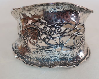 Pulsera ancha tallada de plata esterlina, pulsera de celosía gruesa bohemia para ella