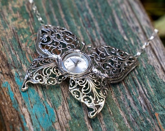 925 Sterling Silver Butterfly Watch Necklace: Bohemian Filigree Pendant