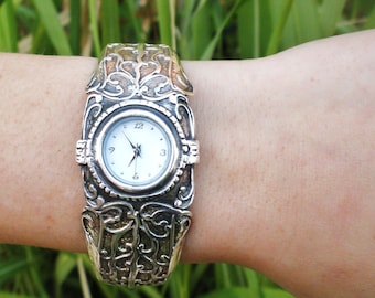 Engraved Silver Sterling Antique Cuff Watch for Women