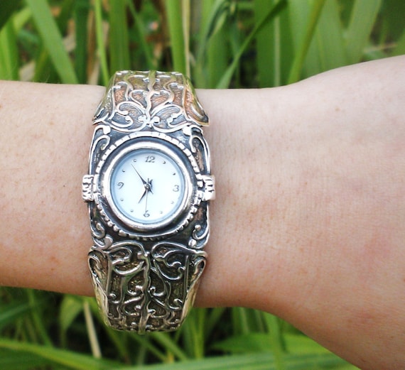 Engraved Silver Sterling Antique Cuff Watch for Women