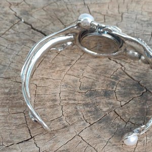 Sterling Silver Cuff Watch with White Pearls  Artisan Handmade Women's Statement Bracelet Watch