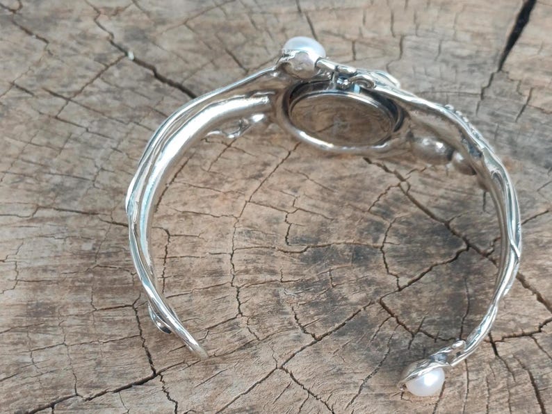 Sterling Silver Cuff Watch with White Pearls  Artisan Handmade Women's Statement Bracelet Watch