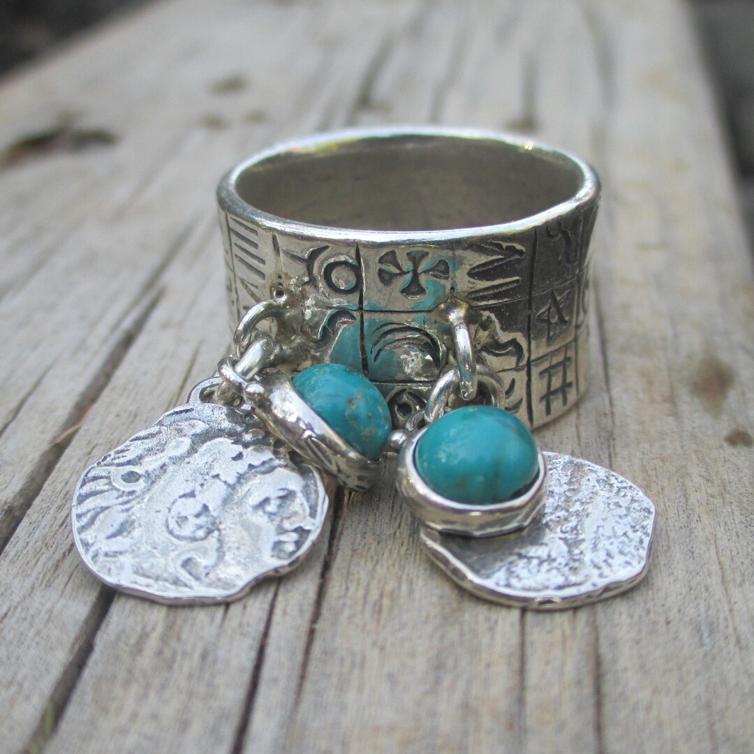 Sterling Silver Wide Dangle Charm Ring, Engraved Symbols Band Ring for ...