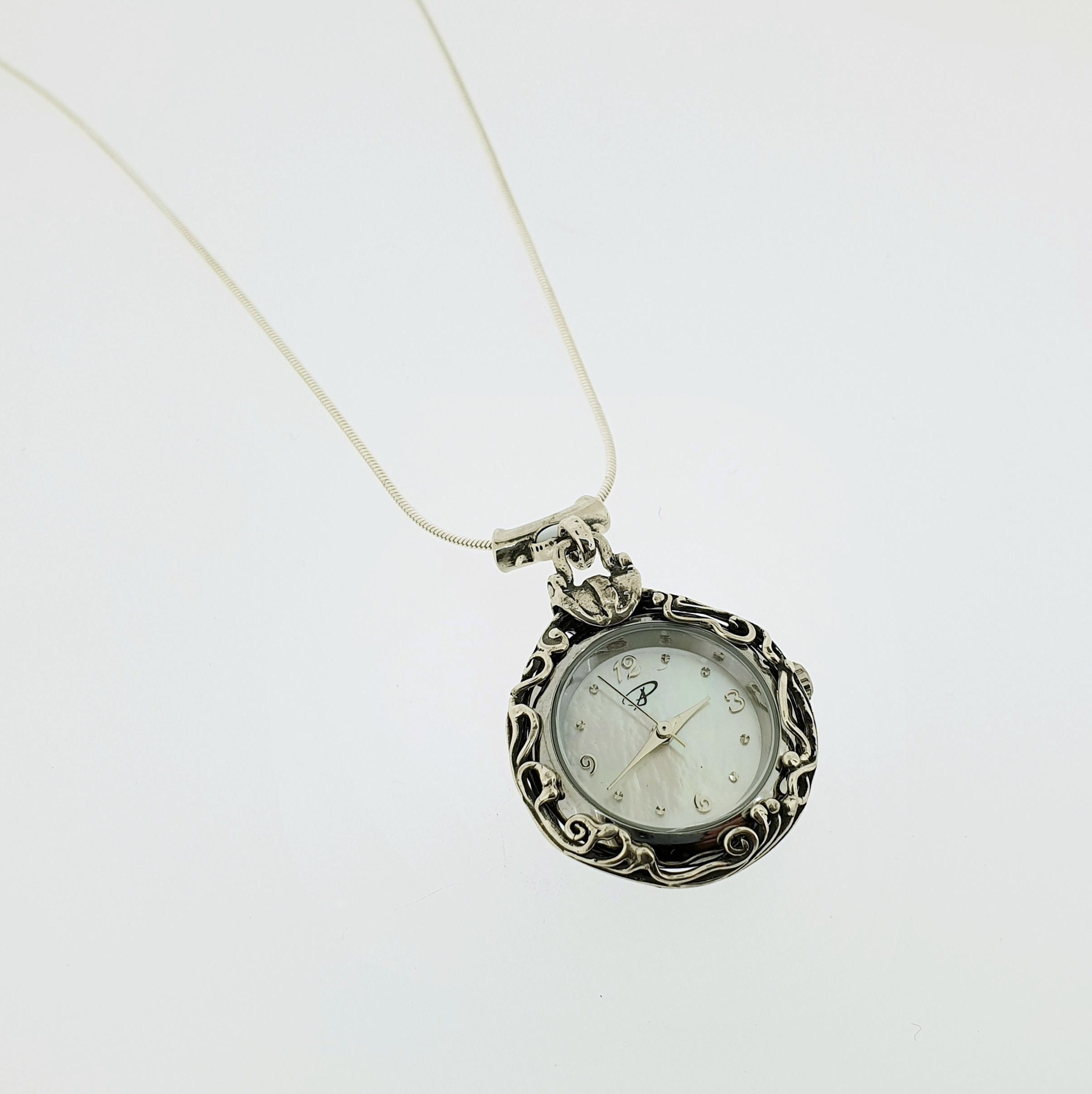 Antique Silver Chain Pendant Necklace Watch for Women Filigree
