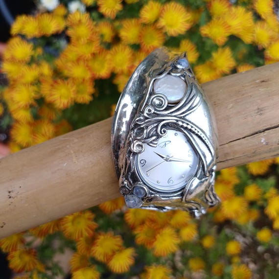 Silver Gemstone Cuff Watch Sterling Silver Gemstone Delicate Silver Cuff Watch for  main image 4