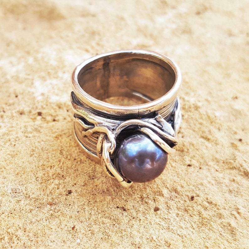 Silver Rings,Oxidized Solitaire Sterling Silver Statement Ring,Long Women/'s Ring,Big Black Natural Pearl,Wide Bohemian Ring,Artisan Jewelry