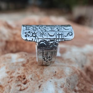Silver long engraved ring, Wide signet ethnic ring