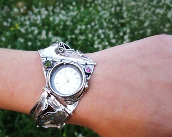 Wide  gemstone watch bracelet for women, Unique statement carved silver bohemian watch