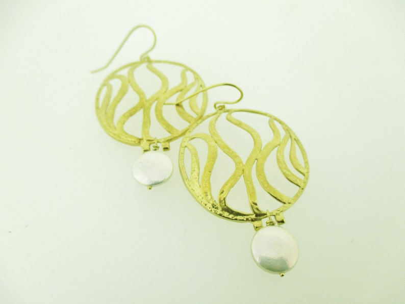 18 Karat Gold Embraced Hammered Large Earrings with Pearls Etsy