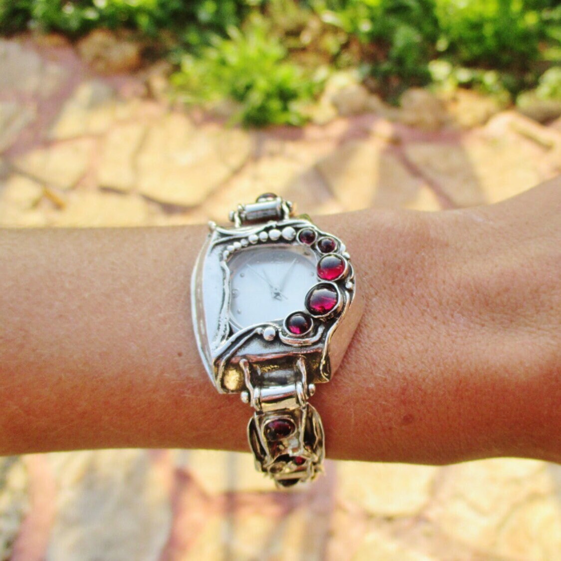 Sterling Silver Vintage Gemstone Watch Bracelet, Layered Sterling Silver Vintage Gemstone Watch Bracelet, Layered