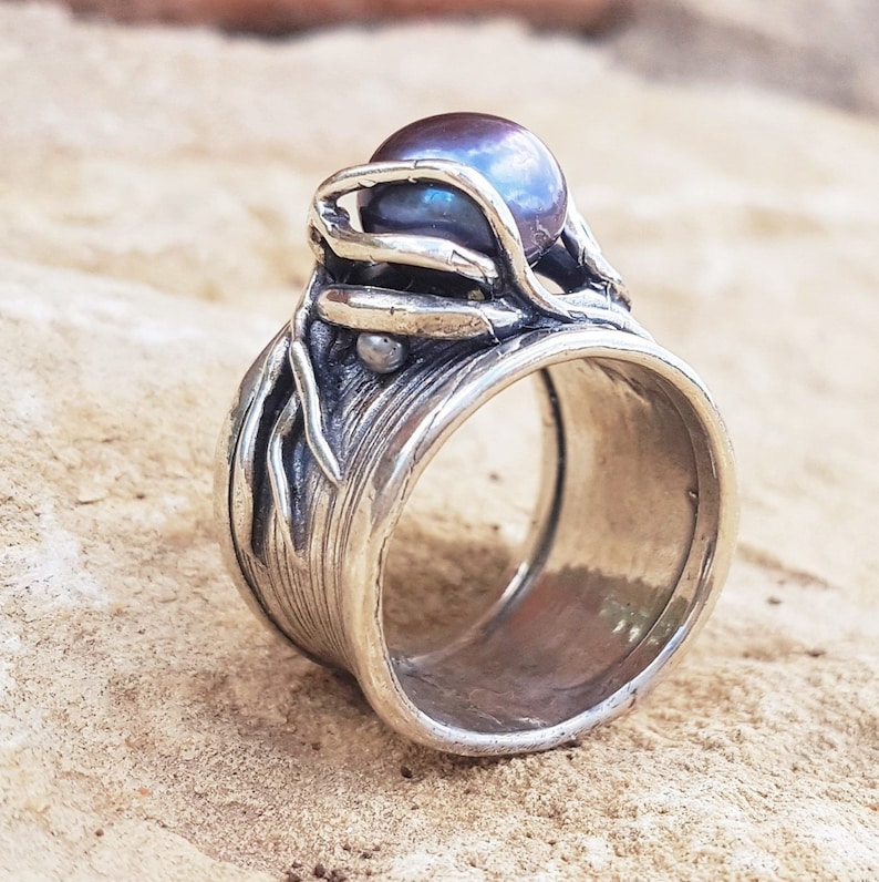 Silver Rings,Oxidized Solitaire Sterling Silver Statement Ring,Long Women/'s Ring,Big Black Natural Pearl,Wide Bohemian Ring,Artisan Jewelry