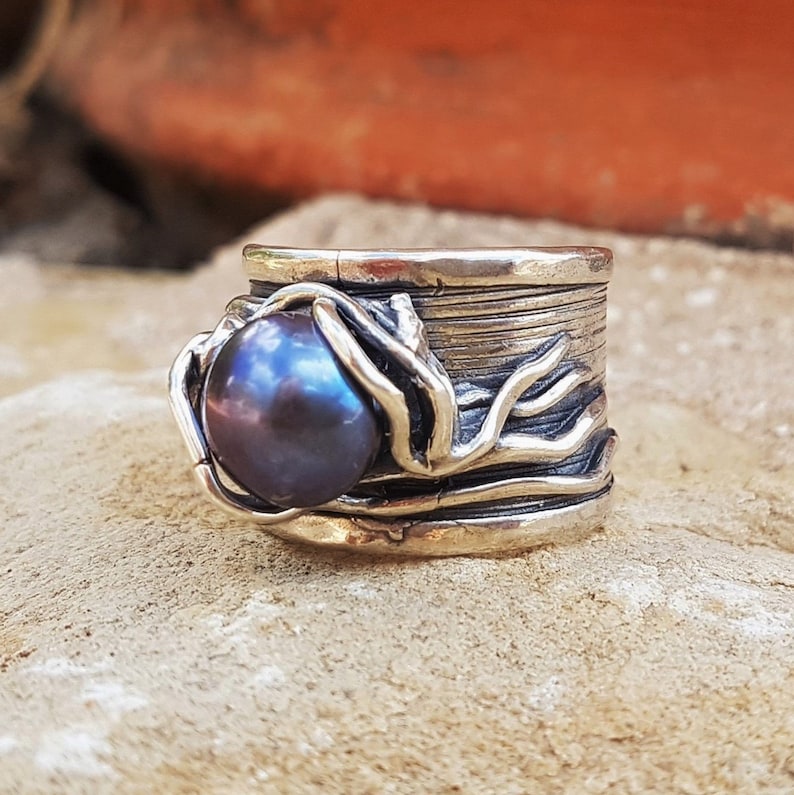 Silver Rings,Oxidized Solitaire Sterling Silver Statement Ring,Long Women/'s Ring,Big Black Natural Pearl,Wide Bohemian Ring,Artisan Jewelry