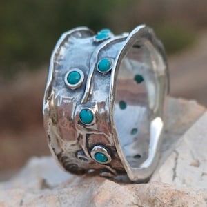 Silver wide band opal ring for her   Multi stone hammered textured ring