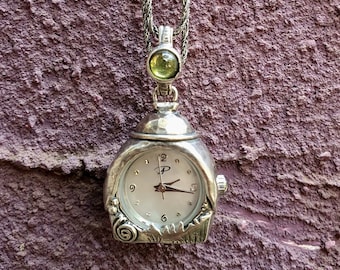Steampunk Peridot Pendant Watch Necklace: Sterling Silver Statement Jewelry