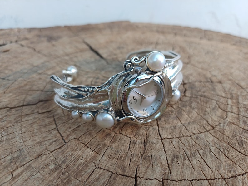 Sterling Silver Cuff Watch with White Pearls  Artisan Handmade Women's Statement Bracelet Watch