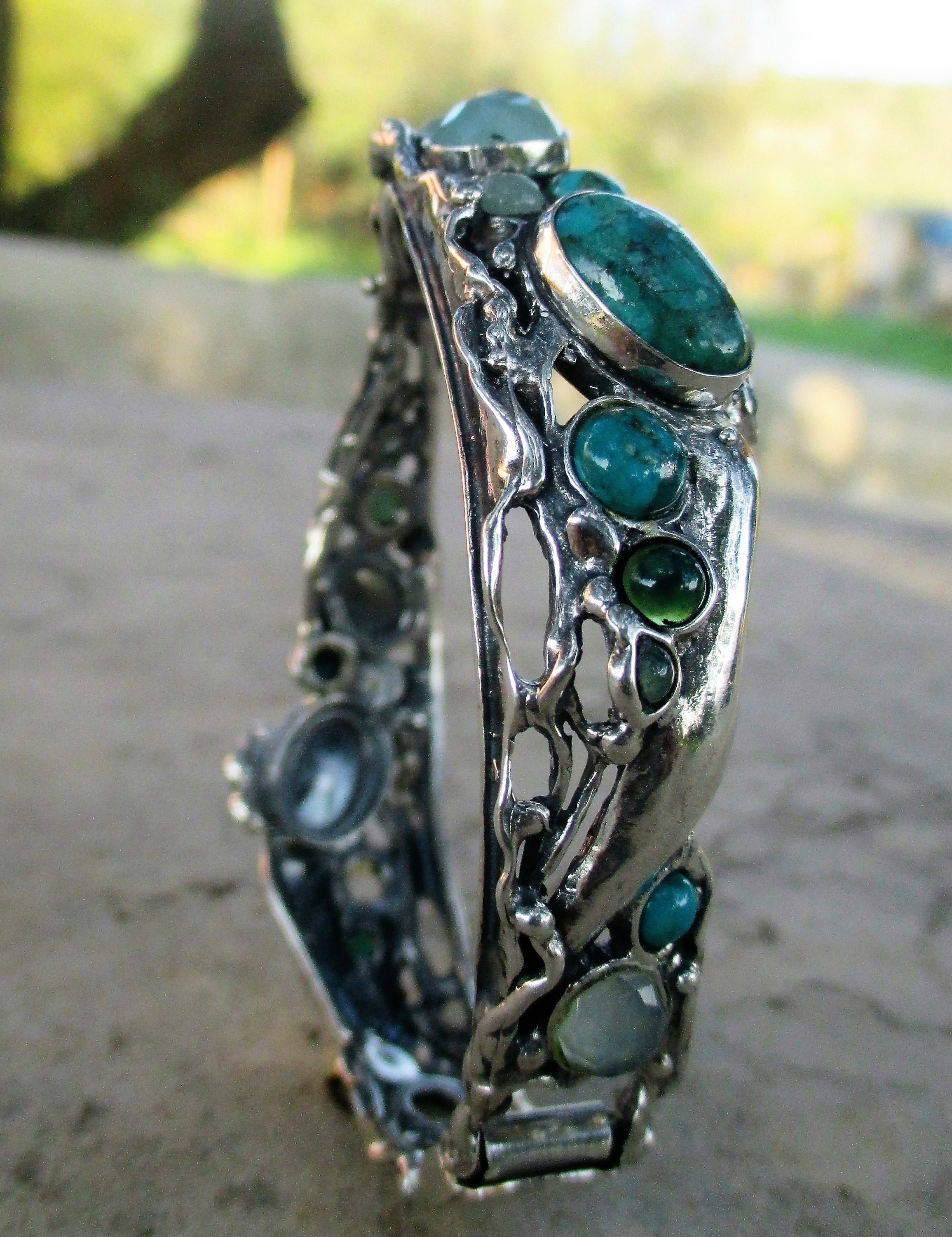 マルチストーンシルバーカフブレスレット、女性用ターコイズバングル