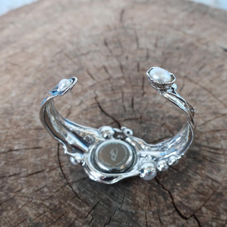 Sterling Silver Cuff Watch with White Pearls  Artisan Handmade Women's Statement Bracelet Watch