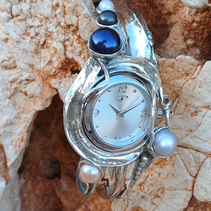 Sterlingsilverarmbandsur med vita pärlor, handgjort, statement-armbandsur för kvinnor bild 16