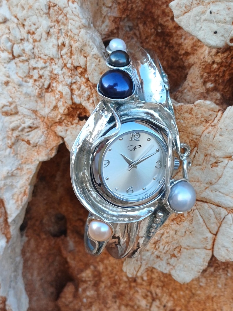 Sterlingsilverarmbandsur med vita pärlor, handgjort, statement-armbandsur för kvinnor bild 16