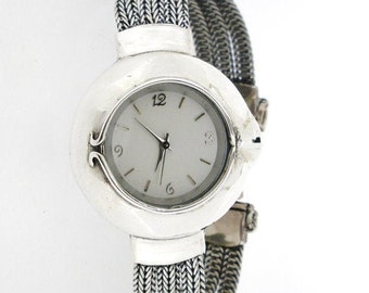 Sterling silver women chain watch bracelet, Flexible and oxidized chain watch for him, Unisex Artistic watch Jewelry.