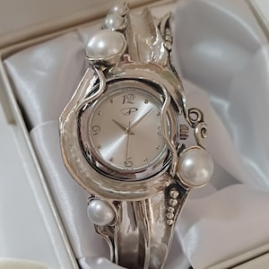 Sterling Silver Cuff Watch with White Pearls  Artisan Handmade Women's Statement Bracelet Watch