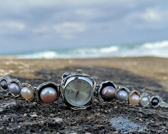 Sterlingzilveren parelhorloge – unieke armband met witte en kleurrijke parels