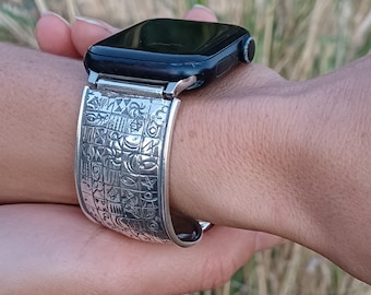 Hand-Engraved Sterling Silver Wide Band for Apple Watch, Pixel Watch – Artisan Smartwatch Jewelry