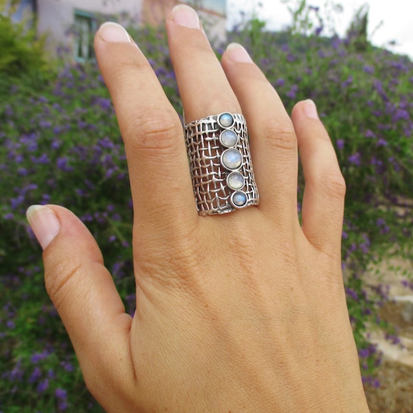 Sterling silver moonstone ring, Long statement oxidized silver ring  for her, Genuine design multi stone ring