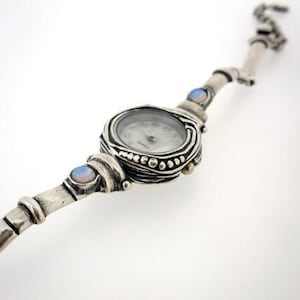 Gemstone silver modern dainty watch bracelet for her,  Unique watch gift