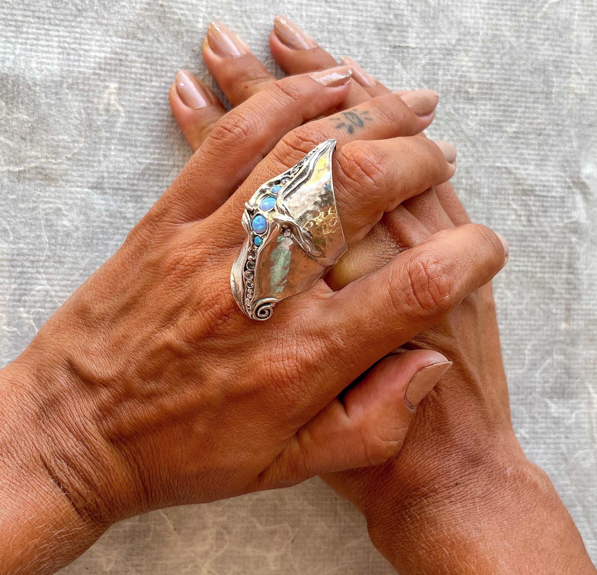 Silver Fool Finger Ring Long Multi Stone Big Ring for Women Statement ...