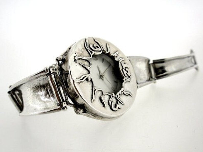 Sterling Silver Zodiac Watch Bracelet Carved Silver Big Round Etsy