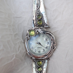Sterling Silver Citrine & Peridot Watch Bracelet - Handmade Women&#39;s Wristwatch