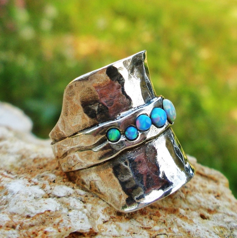 Opal Wide Silver Statement Ring: Hammered Sterling Silver, Long Multi-Stone Design image 1