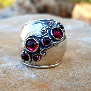 Sterling silver wide dome ring, Natural garnet stone ring for her