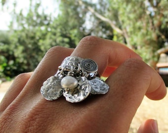 Sterling silver charm pearl ring, Statement  dangle  ring ,Wide bohemian signet ring for women