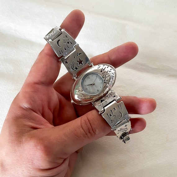 Vintage Sterling Silver WATCH Purple Leather Strap - Art