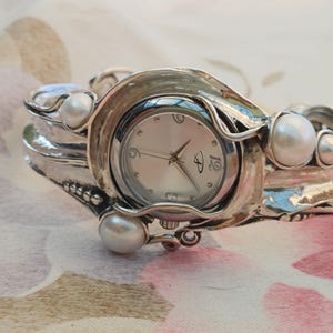Sterling Silver Cuff Watch with White Pearls  Artisan Handmade Women's Statement Bracelet Watch