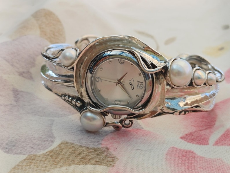 Sterling Silver Cuff Watch with White Pearls  Artisan Handmade Women's Statement Bracelet Watch