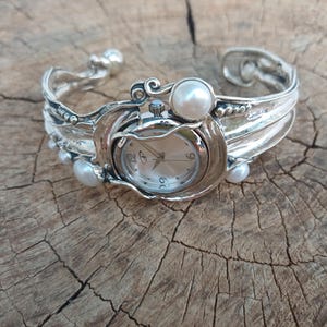 Sterling Silver Cuff Watch with White Pearls  Artisan Handmade Women's Statement Bracelet Watch