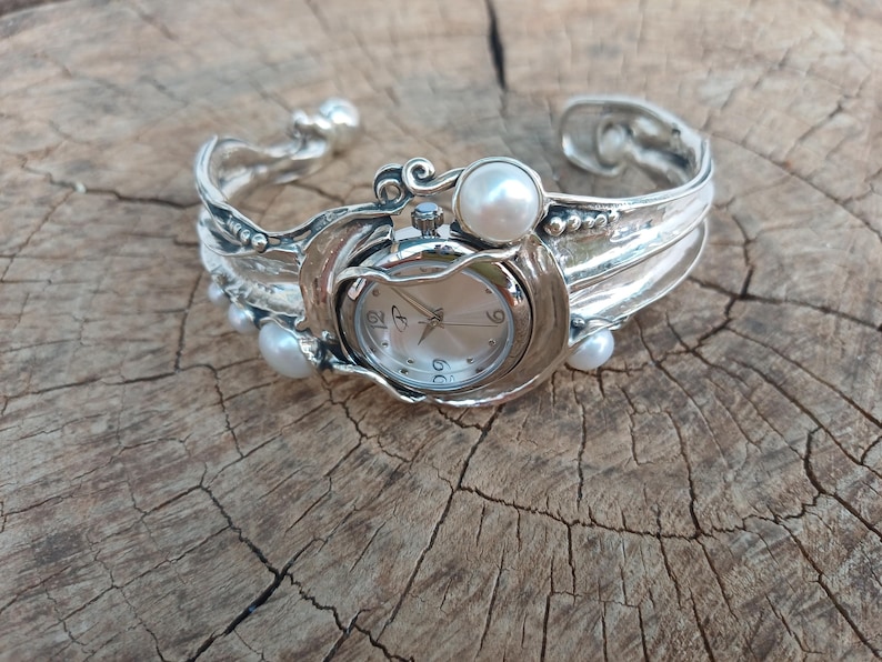 Sterling Silver Cuff Watch with White Pearls  Artisan Handmade Women's Statement Bracelet Watch