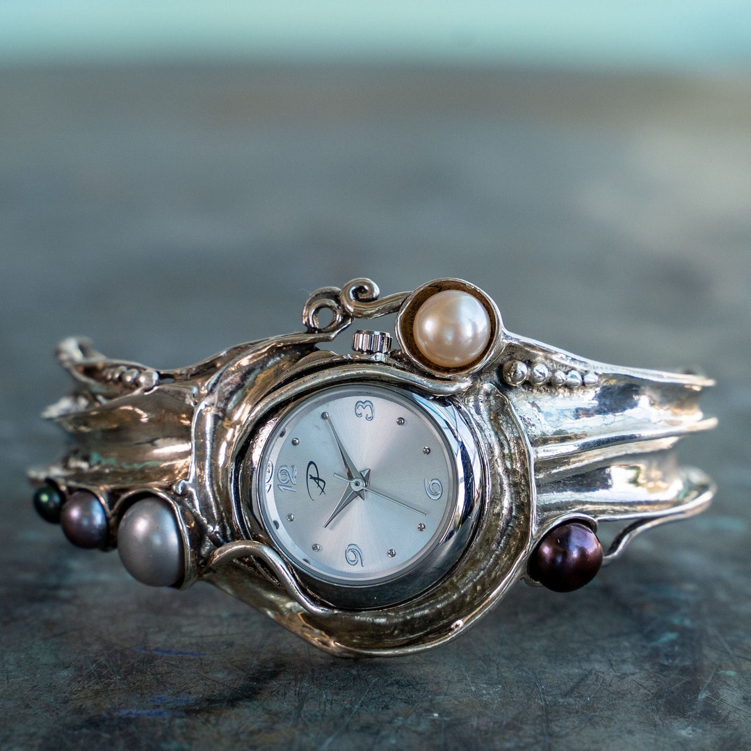 Buy Pearl Inlay Silver Cuff Watch Wide Band Designer Timepiece Online in  India