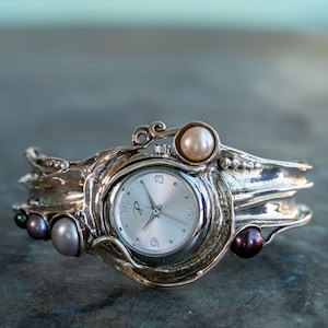 Pearl Inlay Silver Cuff Watch - Wide Band Designer Timepiece