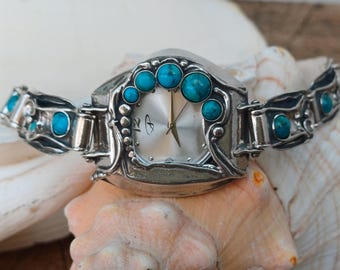 Vintage Style Silver Watch • Turquoise Gemstone Bracelet Watch